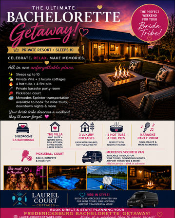 Sunset-lit private resort cottage with glowing fire pit and cozy outdoor seating, promotional layout for a bachelorette getaway listing perks: sleeps 10, private villa + 3 luxury cottages, 4 hot tubs and fire pits, karaoke party room, pickleball court and shuttle transportation.