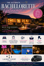 Sunset Texas Hill Country cottage patio with glowing fire pit, cozy outdoor seating and lit porch—ad promoting a bachelorette getaway with hot tubs, pickleball court, luxury cottages and shuttle service.