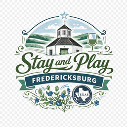 Vintage round logo reading “Stay and Play Fredericksburg” with an illustrated hilltop tasting room, wine glass, bluebonnet flowers, Texas map seal, star and decorative scrolls — playful travel and winery vibe in Fredericksburg, Texas.
