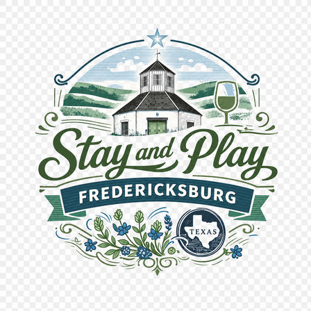 Vintage round logo reading “Stay and Play Fredericksburg” with an illustrated hilltop tasting room, wine glass, bluebonnet flowers, Texas map seal, star and decorative scrolls — playful travel and winery vibe in Fredericksburg, Texas.
