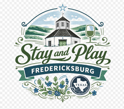 Vintage round logo reading “Stay and Play Fredericksburg” with an illustrated hilltop tasting room, wine glass, bluebonnet flowers, Texas map seal, star and decorative scrolls — playful travel and winery vibe in Fredericksburg, Texas.