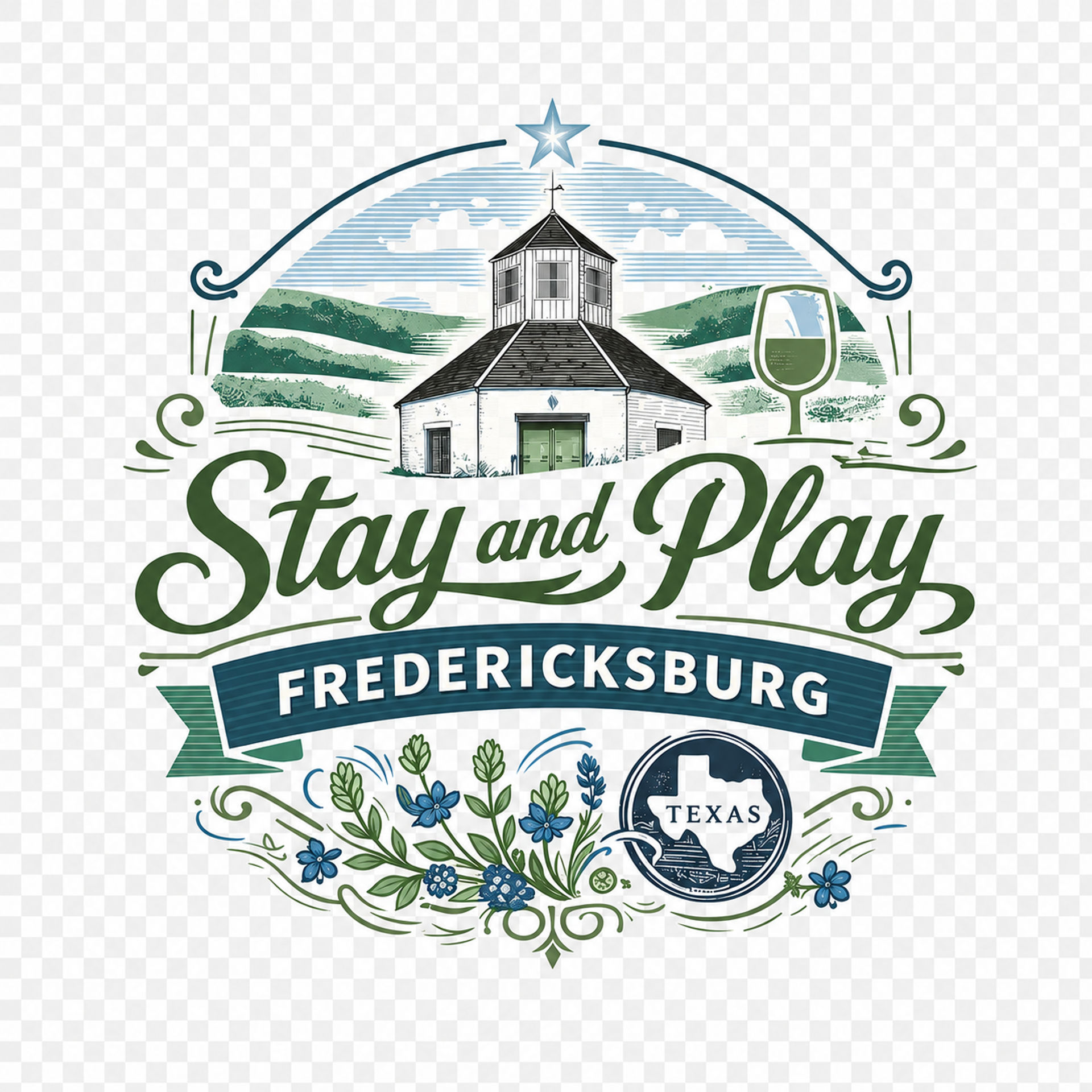 Vintage round logo reading “Stay and Play Fredericksburg” with an illustrated hilltop tasting room, wine glass, bluebonnet flowers, Texas map seal, star and decorative scrolls — playful travel and winery vibe in Fredericksburg, Texas.