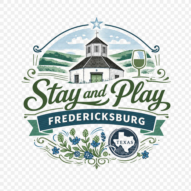 Vintage round logo reading “Stay and Play Fredericksburg” with an illustrated hilltop tasting room, wine glass, bluebonnet flowers, Texas map seal, star and decorative scrolls — playful travel and winery vibe in Fredericksburg, Texas.