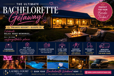 Sunset resort-style cottage with a glowing porch and outdoor fire pit, cozy seating in the foreground, overlaid with bold promotional graphics for a bachelorette getaway listing amenities — private resort (sleeps 10), multiple bedrooms and baths, luxury cottages, hot tubs, fire pits, karaoke party room, pickleball court and shuttle van — plus small inset photos of a partying group, hot tub, pickleball court and van.