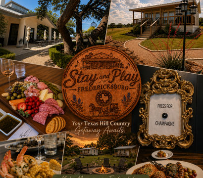 Fredericksburg, Texas Hill Country getaway collage: cozy cottage porch and cabin path, charcuterie board and shrimp dinner, sunset fire pit lawn, decorative “press for champagne” button.