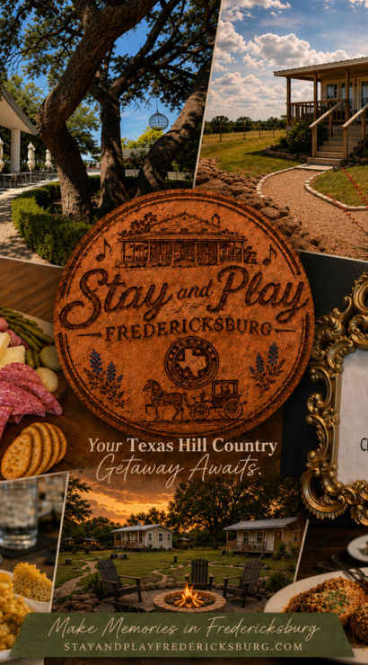 Fredericksburg, Texas Hill Country getaway collage: cozy cottage porch and cabin path, charcuterie board and shrimp dinner, sunset fire pit lawn, decorative “press for champagne” button.