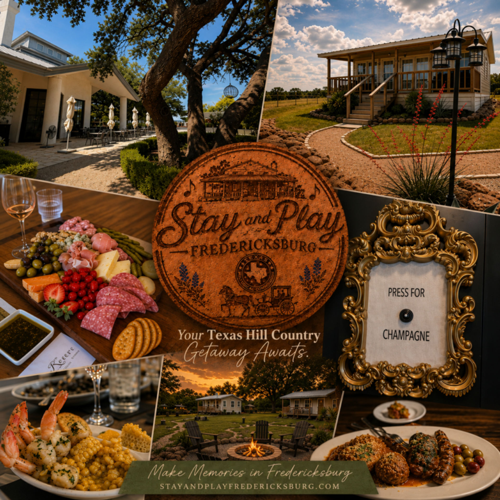 Fredericksburg, Texas Hill Country getaway collage: cozy cottage porch and cabin path, charcuterie board and shrimp dinner, sunset fire pit lawn, decorative “press for champagne” button.