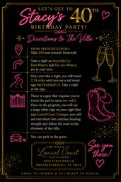 Neon black-and-gold 40th birthday invitation with pink script and gold numerals, giving villa directions near Fredericksburg, TX; features champagne flutes, cowboy boots, map and gate icons, and parking instructions.