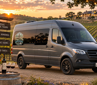 Sunset-kissed wine tour shuttle van parked at a Texas Hill Country vineyard, with a wine barrel, bottle and two glasses in the foreground and rolling grapevines and a farmhouse in the background.