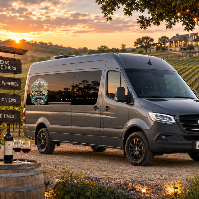 Sunset-kissed wine tour shuttle van parked at a Texas Hill Country vineyard, with a wine barrel, bottle and two glasses in the foreground and rolling grapevines and a farmhouse in the background.