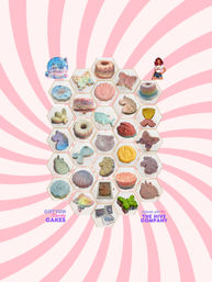 Pastel cotton-candy cakes and sugar art arranged in a honeycomb grid—seashells, unicorns, mermaids, butterflies, and mini bundt donuts—on a pink-and-white spiral background.