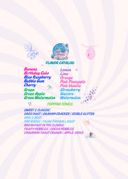 Pastel radial poster titled “Flavor Catalog” with colorful list of fruit and dessert flavors in playful fonts, decorated with bee and beehive sketches, butterflies and dragonflies — bright, fun menu-style design.