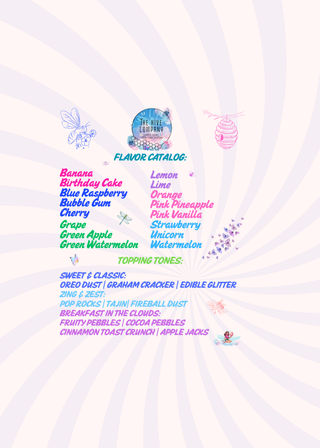 Pastel radial poster titled “Flavor Catalog” with colorful list of fruit and dessert flavors in playful fonts, decorated with bee and beehive sketches, butterflies and dragonflies — bright, fun menu-style design.