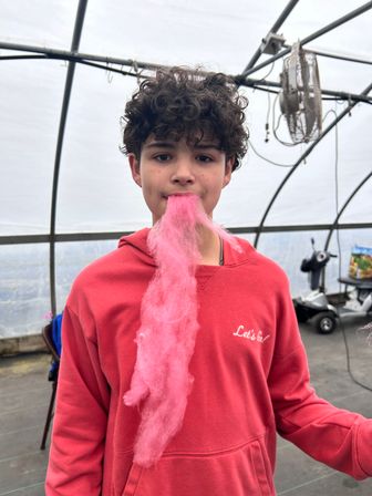 Young person with curly hair in a red hoodie inside a greenhouse, a long pink cotton candy strand hanging from their mouth
