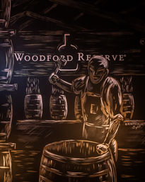Chalk-style mural of a cooper hammering a wooden barrel in a dim, warmly lit bourbon distillery scene with stacked barrels