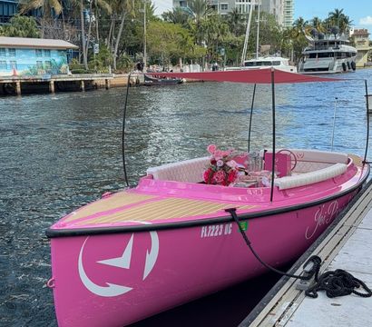 Bright pink leisure boat with canopy and floral centerpiece moored at a Florida waterfront canal, palm trees and high-rise condos in the background.