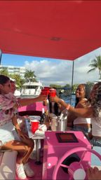 Friends toasting with red cups on a bright pink party boat under a red canopy at a sunny marina, yachts and palm trees in the background.