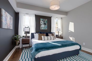 Sunlit contemporary bedroom with dark accent wall, large upholstered bed piled with textured pillows and a teal velvet throw, striped area rug, hardwood floors, twin windows with sheer curtains, matching nightstands and lamps.