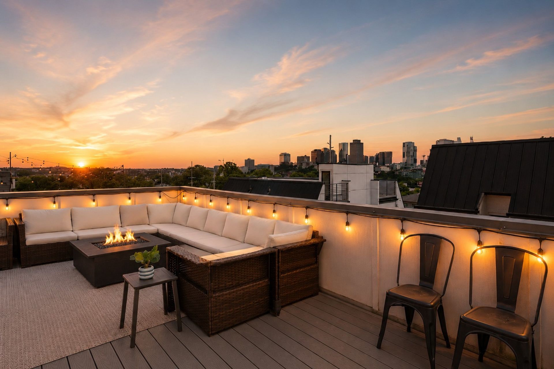 Cozy urban rooftop terrace at sunset with an L-shaped wicker sofa around a fire pit, warm string lights, two metal chairs, a small potted plant, and downtown skyline views.
