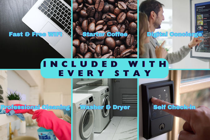 Collage of short-term rental amenities: fast free WiFi (laptop), starter coffee (coffee beans), digital concierge touchscreen, professional cleaning in progress, in-unit washer and dryer, and keypad self check-in.