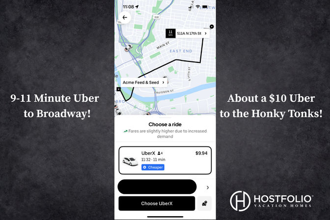 Promotional image of a smartphone ride‑hailing map showing an 11‑minute UberX route to the Broadway music district with a roughly $10 fare estimate, set on a dark textured background with white headline text about 9–11 minute rides and a company logo.