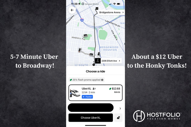 Smartphone screenshot of a ride-hailing app map in downtown Nashville showing nearby cars, a $12 XL fare estimate to Broadway honky-tonks and overlay text noting a 5–7 minute ride.
