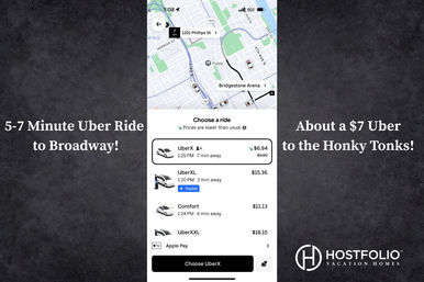 Mobile ride-hailing app screenshot with map of downtown Nashville (Bridgestone Arena) showing a 5–7 minute ride to Broadway and an estimated ~$7 fare for a standard car, plus other vehicle options and prices.