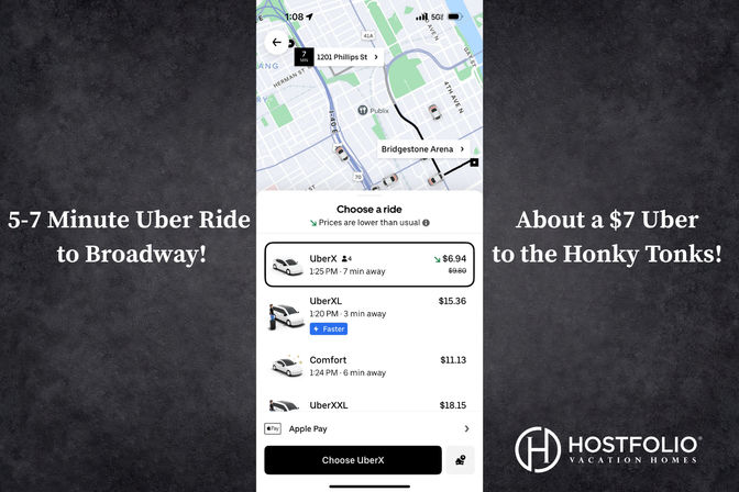 Mobile ride-hailing app screenshot with map of downtown Nashville (Bridgestone Arena) showing a 5–7 minute ride to Broadway and an estimated ~$7 fare for a standard car, plus other vehicle options and prices.