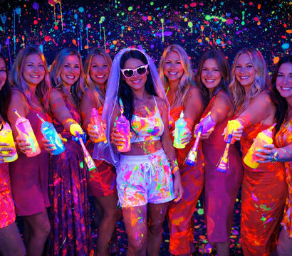 Smiling group of women at a blacklight neon paint party, bride wearing veil and heart-shaped sunglasses holding fluorescent paint bottles in front of a splattered glow backdrop