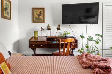 Cozy bedroom with pink quilted bedspread, vintage wooden writing desk and chair, wall-mounted flat-screen TV, potted monstera and other houseplants, twin brass desk lamps and framed bird prints on a white wall.
