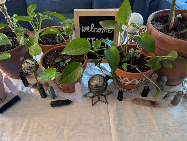 Cheerful indoor plant display: pothos vines in terracotta pots arranged with crystal towers, decorative orbs and a small "welcome" chalkboard on a white tablecloth.