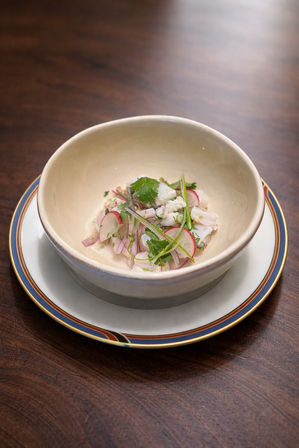 Gourmet seafood ceviche with thin radish slices, cilantro and microgreens in a beige bowl on a blue-and-gold rimmed plate, photographed on a dark wooden table.