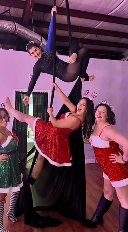 Festive aerial studio shot of four women in holiday costumes — one suspended on aerial silks and a pole, three posing in glittery Santa and elf dresses.