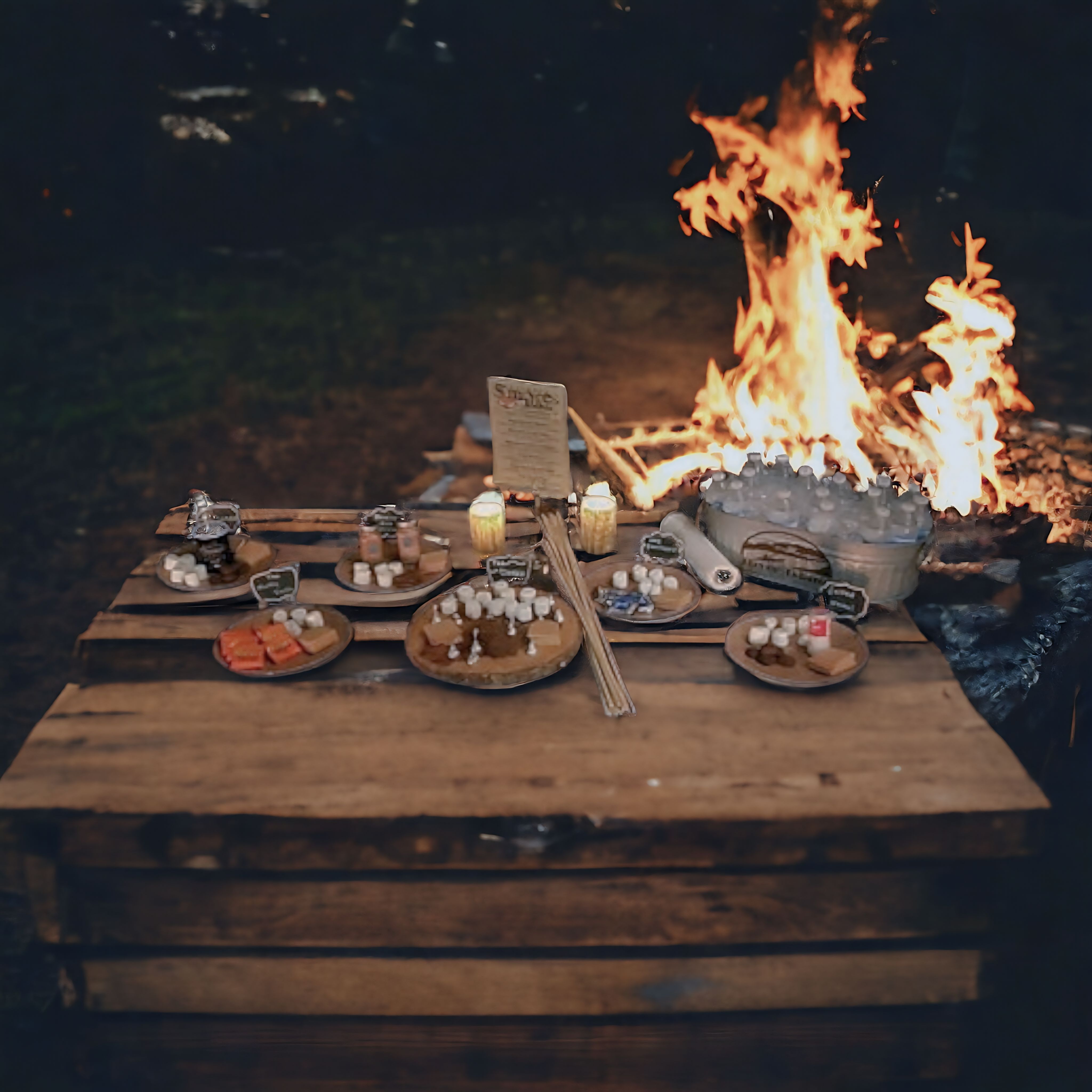Nighttime outdoor campfire dessert station on a rustic wooden table with roaring flames, plates of marshmallows and s'mores fixings, skewers, candles and chilled drinks.