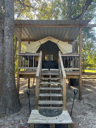 Canvas glamping tent on a raised wooden platform with steps and porch under a metal roof in a leafy woodland campsite