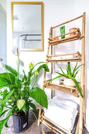Bright spa-like bathroom with a gold-framed mirror, bamboo ladder shelf holding an aloe plant, toiletries and folded white towels, and a large peace lily in a black pot.