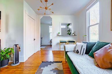 Sunny modern living room with green velvet sofa, textured throw and patterned pillows, hardwood floors, geometric rug, indoor plants, gold sputnik chandelier, large windows, and a small breakfast bar with two stools.