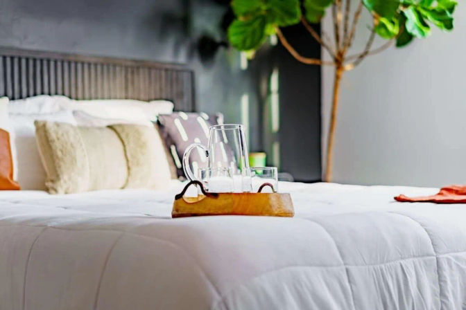 Cozy modern bedroom with white quilted bed, wooden tray holding a glass pitcher and tumblers, neutral throw pillows and a potted fiddle-leaf fig plant