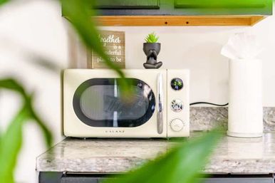 Cream retro microwave on a speckled granite kitchen countertop with a small potted succulent, decorative sign and paper towel roll, framed by blurred green plant leaves.