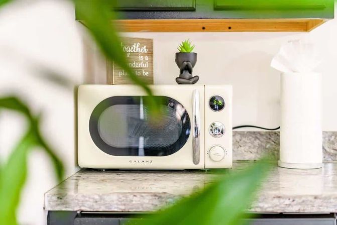 Cream retro microwave on a speckled granite kitchen countertop with a small potted succulent, decorative sign and paper towel roll, framed by blurred green plant leaves.