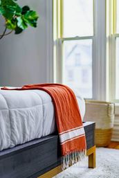 Sunlit modern bedroom corner with white duvet on dark wood bed, orange striped throw draped over the footboard, woven basket and leafy plant by a tall window