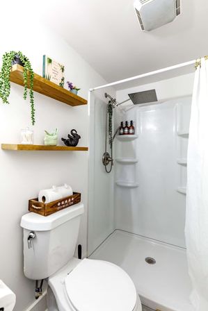Compact white bathroom with corner walk-in shower and square rainfall showerhead, wooden floating shelves with a trailing plant, and a toilet topped with a wooden crate of toilet paper.