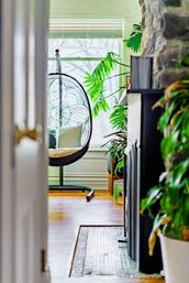 View through an open doorway into a sunlit cozy nook with a black hanging egg chair on a stand, striped cushion, large leafy houseplants, a stone fireplace and warm hardwood floors.