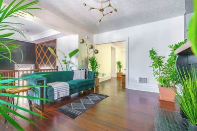 Bright modern living room with emerald velvet sofa, patterned rug and throw on dark hardwood floors, brass floor lamp, geometric ceiling light and abundant indoor plants
