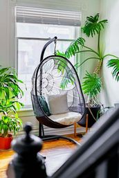 Sunlit boho reading nook with a black woven hanging egg chair on a stand by a large window, striped cushion and tropical houseplants on warm hardwood floors.
