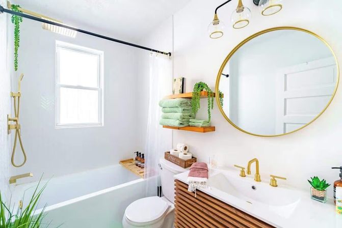 Bright modern white bathroom with gold fixtures and round mirror, wood-slat vanity, tub with gold shower, floating shelf of green towels and potted plants