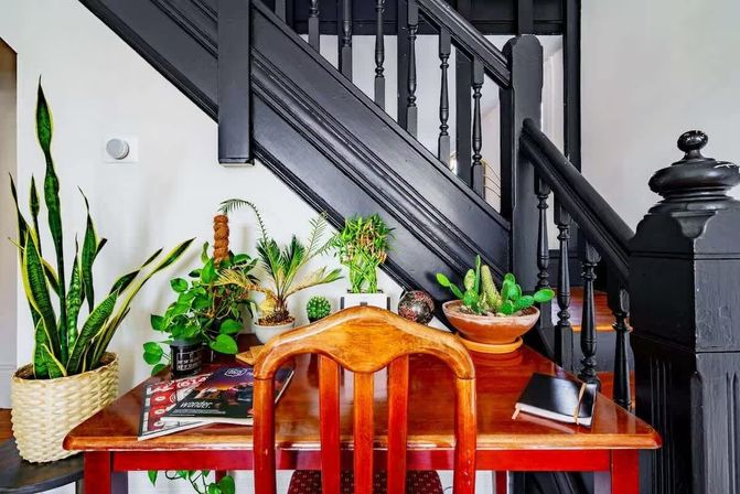 Cozy home desk nook under a black wooden staircase with a wooden chair and red-brown table holding magazines, a notebook and assorted potted houseplants like snake plant, palm and cacti.