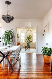 Sunlit modern dining room with polished hardwood floors, white walls, black tiered chandelier, farmhouse table and potted indoor plants opening to a bright living area.