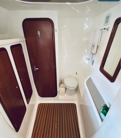 Cozy yacht bathroom (marine head) with white fiberglass walls, teak-striped floor mat, rounded mahogany cabin doors, compact toilet, wall mirror and small shelf with plant.