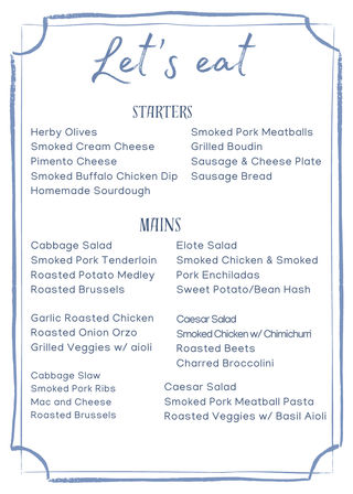 White menu with blue brush-frame titled “Let’s eat,” two-column starters and mains listing smoked pork and chicken, salads, roasted veggies and sides — Southern-style menu.